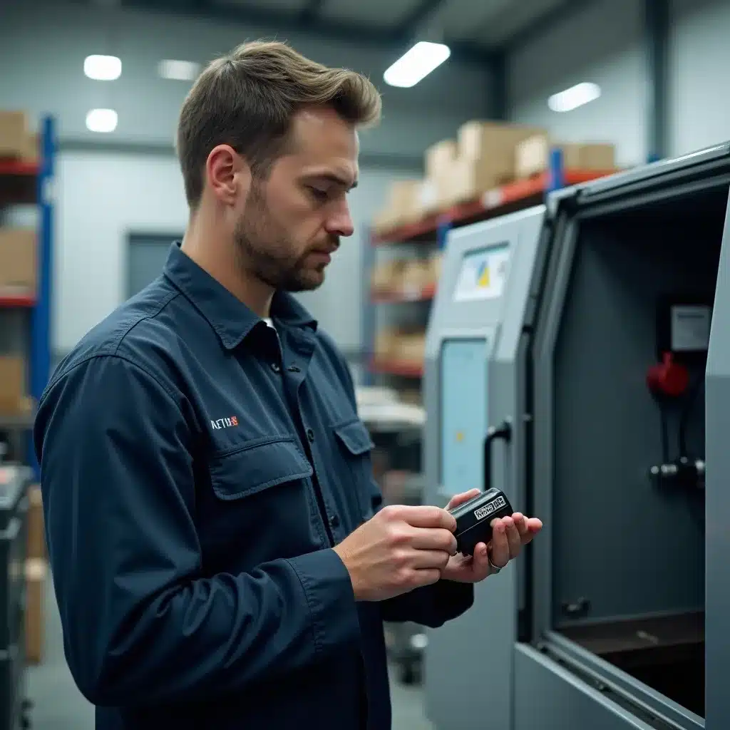 Tecnico in officina verifica l'etichetta di un ricambio davanti al quadro CNC e al magazzino
