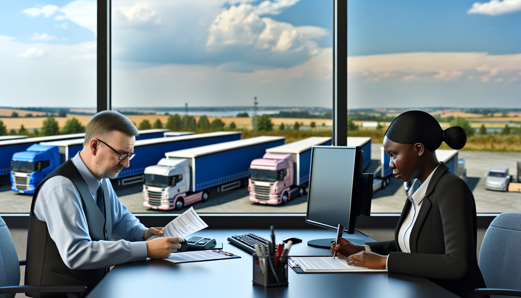 Ufficio traffico di un'azienda di autotrasporto con documenti di verifica e camion nel piazzale